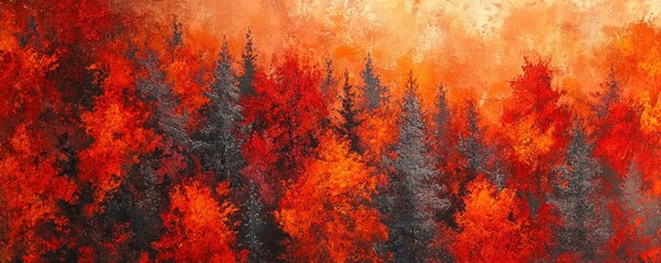 Aerial view of an autumn forest with fiery red and orange foliage.