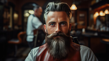 hipster man with stylish beard and hair sits in barbershop, showcasing confident expression. background features barber at work, creating vibrant atmosphere