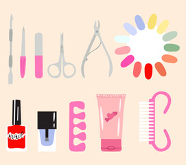 Set manicure tools on a light pink background.