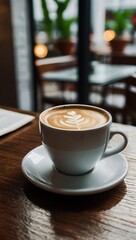 Fototapeta premium A coffee on the white cup in coffee shop cafe on the blur background image