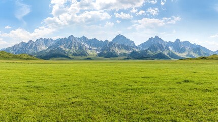 Fototapeta premium A vast green meadow spreads out before a majestic rocky mountain range under a bright blue sky.