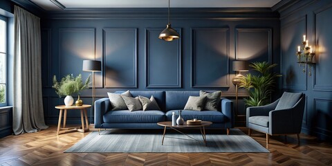 Fototapeta premium Empty Dark Blue Living Room Interior Mockup - 3D Rendered Documentary Style