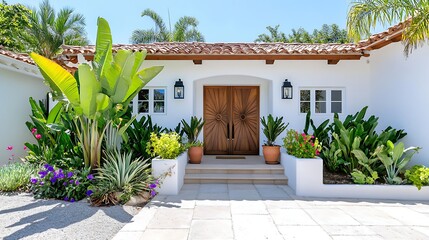 Mediterranean House Entrance with Lush Landscaping