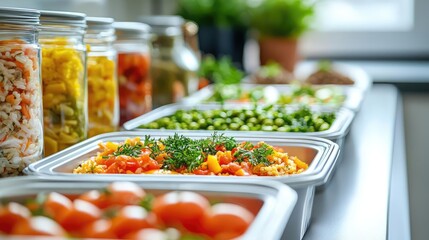 Meals delivery idea. A vibrant display of fresh vegetables and colorful dishes in glass containers.