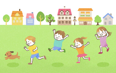 走る子供たちと町の背景イラスト