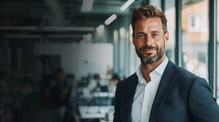 Business meeting highlights with professional male executive modern office space portrait photography bright environment close-up perspective leadership and confidence