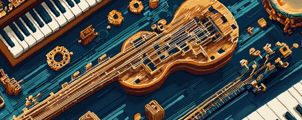 Obraz premium A pixel art rendition of a pixelated musician's instrument, its pixelated intricate details and craftsmanship capturing the essence of pixelated music.