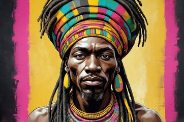 Obraz premium Colorful abstract artistic portrait painting of a black man, african culture and people theme concept texture design illustration. 