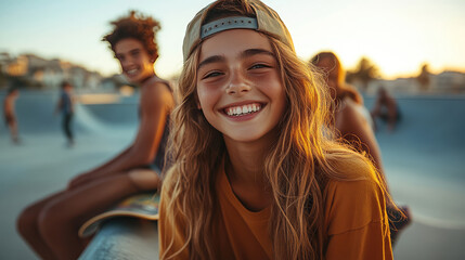 group of teenagers enjoying sunny day at skate park, smiling and having fun. atmosphere is lively and carefree, capturing essence of youth and friendship