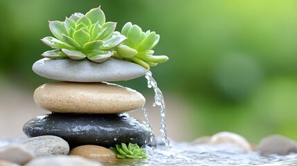 Fototapeta premium Serene Succulents Stacked Stones Water Feature