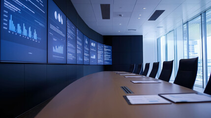 Modern dynamic conference room featuring multiple digital displays and sleek design elements