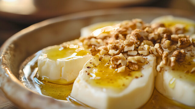 A close-up of soft, crumbly cheese drizzled with golden honey and sprinkled with crushed walnuts, served on a rustic ceramic plate.