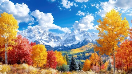 Autumnal mountain landscape, colorful foliage, snow-capped peaks, vibrant fall colors, nature scenery, perfect for travel brochures
