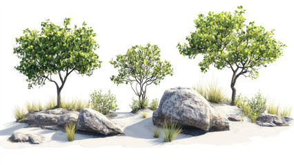 Naklejka premium Minimalistic Landscape Of Trees And Rocks On Sandy Terrain