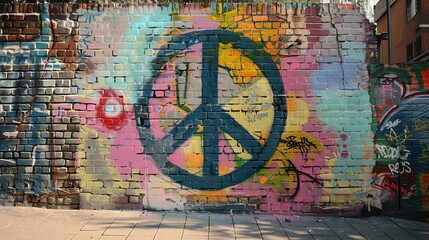 Obraz premium A brick wall covered in colorful graffiti with a large peace sign in the center.