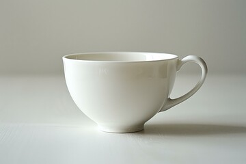 Simple white tea cup with handle sits empty on white surface