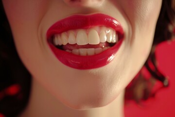 Woman showing perfect white teeth and red lipstick on red background