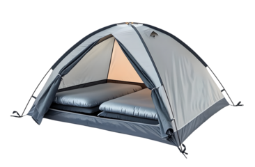 Gray dome tent isolated on white background. Outdoor camping equipment. Two inflatable sleeping mats inside. Tent open, ready for use. Perfect for outdoor adventures. Suitable for tourists, hikers.