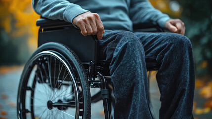 Obraz premium close up of the lower part of a person in wheelchair, showcasing their hands gripping armrest. background features serene outdoor setting with autumn leaves, evoking sense of calm and reflection
