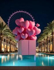 A large pink gift box is floating in the air, filled with numerous pink heart-shaped balloons . The background features modern buildings on either side, with palm trees and a large Ferris wheel