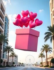 A large pink gift box is floating in the air, filled with numerous pink heart-shaped balloons . The background features modern buildings on either side, with palm trees and a large Ferris wheel