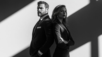 Two business people man and woman --ar 16:9 --style raw