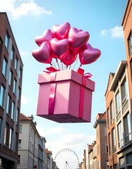 A large pink gift box is floating in the air, filled with numerous pink heart-shaped balloons . The background features modern buildings on either side, with palm trees and a large Ferris wheel