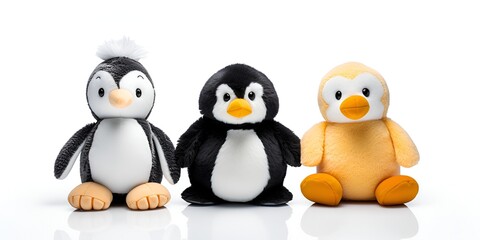 Fototapeta premium Stuffed animal toy penguin, giraffe, and teddy bear isolated on a white background, 3D rendering,