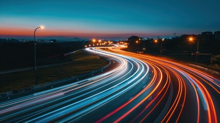 Night Highway Lights Trails, Cityscape at Dusk