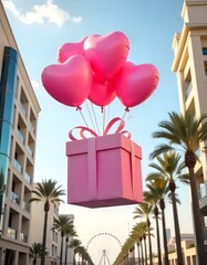 A large pink gift box is floating in the air, filled with numerous pink heart-shaped balloons . The background features modern buildings on either side, with palm trees and a large Ferris wheel
