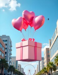 A large pink gift box is floating in the air, filled with numerous pink heart-shaped balloons . The background features modern buildings on either side, with palm trees and a large Ferris wheel