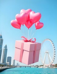 A large pink gift box is floating in the air, filled with numerous pink heart-shaped balloons . The background features modern buildings on either side, with palm trees and a large Ferris wheel