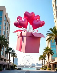 A large pink gift box is floating in the air, filled with numerous pink heart-shaped balloons . The background features modern buildings on either side, with palm trees and a large Ferris wheel