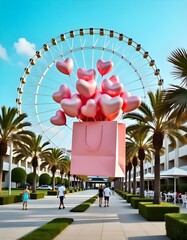 A large pink gift box is floating in the air, filled with numerous pink heart-shaped balloons . The background features modern buildings on either side, with palm trees and a large Ferris wheel