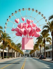 A large pink gift box is floating in the air, filled with numerous pink heart-shaped balloons . The background features modern buildings on either side, with palm trees and a large Ferris wheel