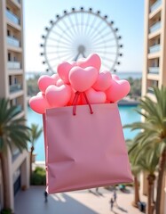 A large pink gift box is floating in the air, filled with numerous pink heart-shaped balloons . The background features modern buildings on either side, with palm trees and a large Ferris wheel