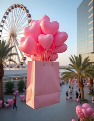 A large pink gift box is floating in the air, filled with numerous pink heart-shaped balloons . The background features modern buildings on either side, with palm trees and a large Ferris wheel