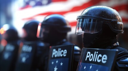 Fototapeta premium police officers stand in a row in helmets with shields and guard the USA border 