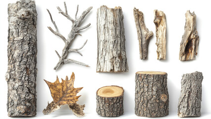 Collection Of Tree Bark, Branches, And A Dried Leaf For Natural Texture Study