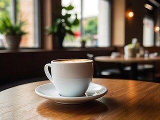 A coffee on the white cup in coffee shop cafe on the blur background image