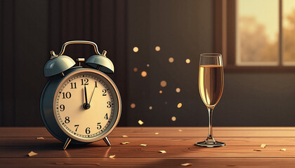 Vintage Alarm Clock and Champagne for New Year's Eve Celebration