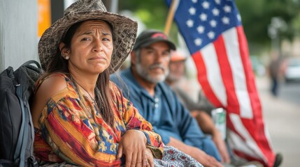 A sad Latino women sit near a US flag. A group of poorly dressed men sit on the street near an American flag. 