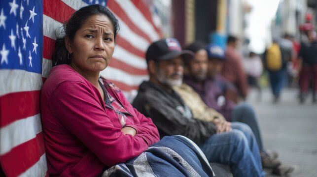 A sad Latino women sit near a US flag. A group of poorly dressed men sit on the street near an American flag. 