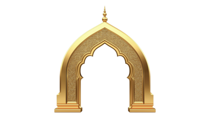 3D render of a golden ornate Islamic arch, mosque window, intricate patterns, Arabic architecture on transparent background