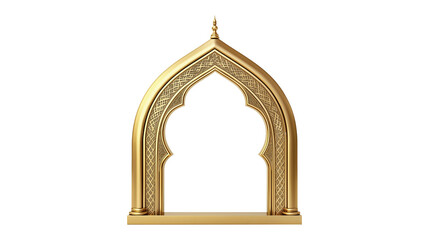 3D render of a golden ornate Islamic arch, mosque window, intricate patterns, Arabic architecture on transparent background