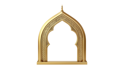 3D render of a golden ornate Islamic arch, mosque window, intricate patterns, Arabic architecture on transparent background