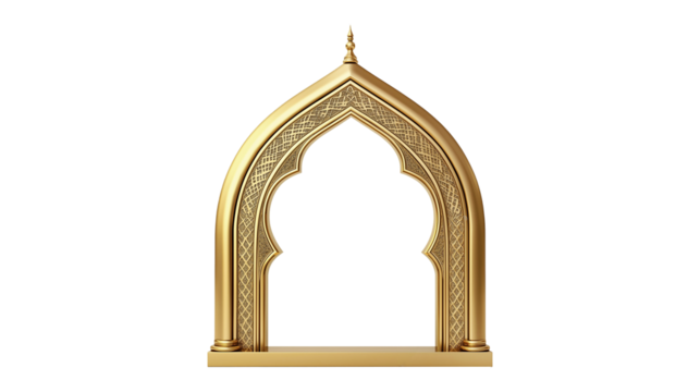 3D render of a golden ornate Islamic arch, mosque window, intricate patterns, Arabic architecture on transparent background