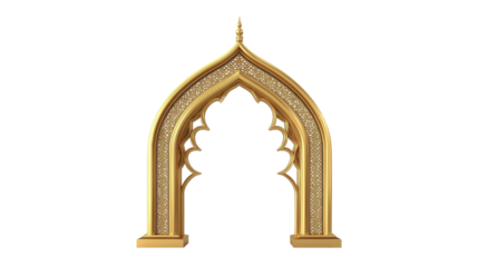 3D render of a golden ornate Islamic arch, mosque window, intricate patterns, Arabic architecture on transparent background