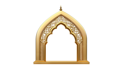 3D render of a golden ornate Islamic arch, mosque window, intricate patterns, Arabic architecture on transparent background