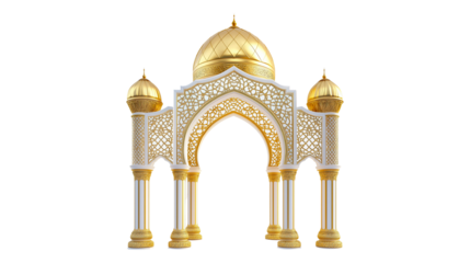 3D render of a golden ornate Islamic arch, mosque window, intricate patterns, Arabic architecture on transparent background